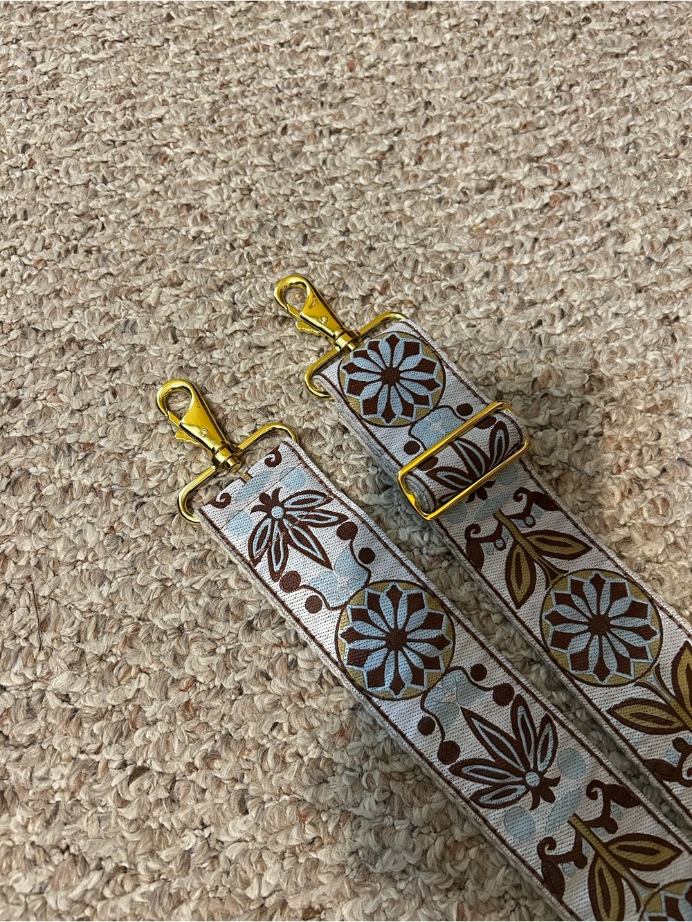 Adjustable Floral Canvas Bag Strap with Gold Hardware - Brown & Light Blue